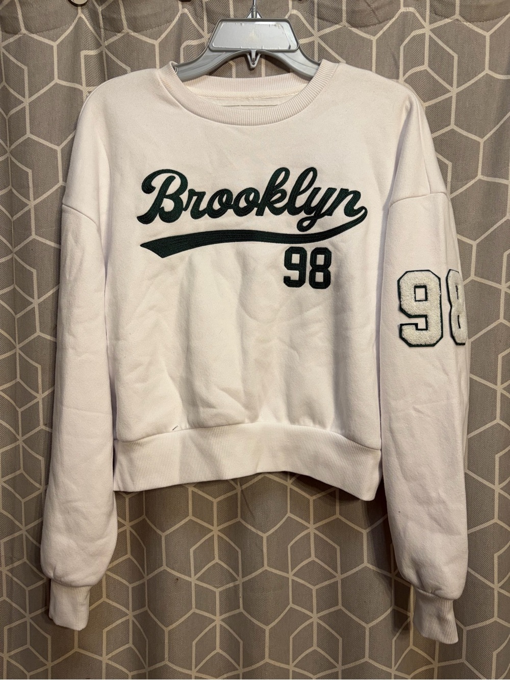 Women's White Crewneck Sweatshirt with Dark Green 'Brooklyn' Script